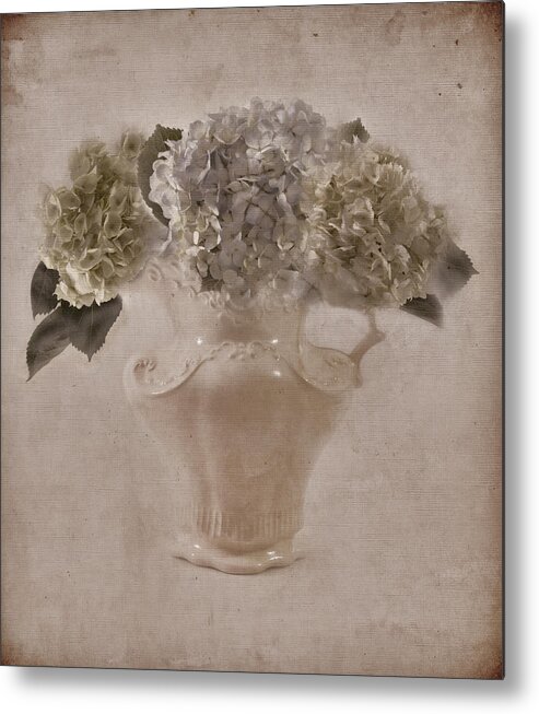 Hydrangeas Still Life Metal Print featuring the photograph Hydrangeas In Cream Pitcher by Sandra Foster