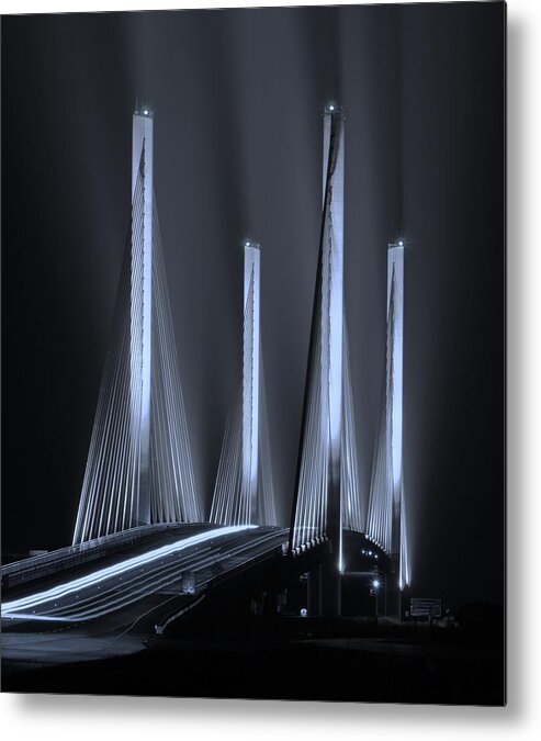 Beach Bum Pics Metal Print featuring the photograph Inlet Bridge Light Trails in Cyan by Billy Beck