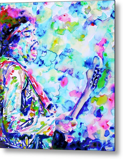 Jimi Metal Print featuring the painting JIMI HENDRIX playing the guitar.4 -watercolor portrait by Fabrizio Cassetta