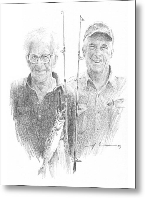 <a Href=http://miketheuer.com Target =_blank>www.miketheuer.com</a> Me And Dad Fishing Pencil Portrait Metal Print featuring the drawing Me And Dad Fishing Pencil Portrait by Mike Theuer