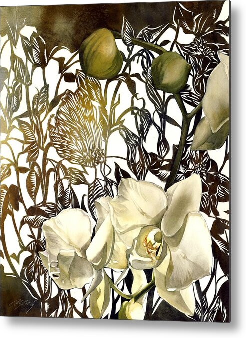 Moth Orchid With Moth Metal Print featuring the mixed media Moth Orchid With Moth by Alfred Ng