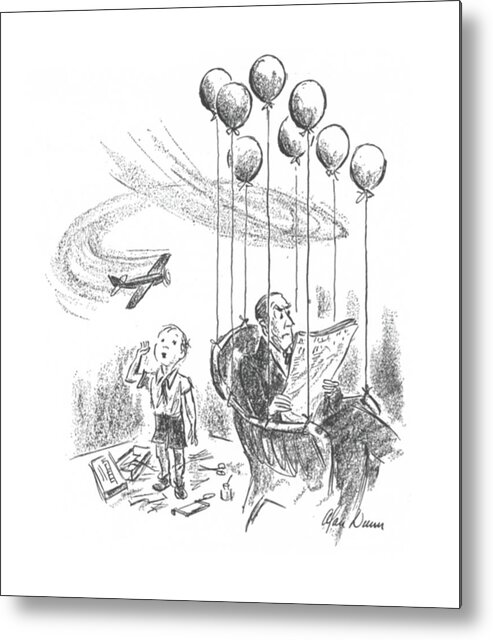 111880 Adu Alan Dunn Father Reading In Chair While Small Son Plays With Balloons And Toy Airplanes Around His Head. Airplane Airplanes Annoy Annoyed Annoying Around Balloons Boy Boys Chair Child Childhood Children Distracted Distracting Families Family Father Girl Girls Head Kid Kids Little Newspaper Parenting Parents Plane Planes Play Playing Plays Read Reading Rearing Small Son Toy While Youth Metal Print featuring the drawing New Yorker April 25th, 1942 by Alan Dunn