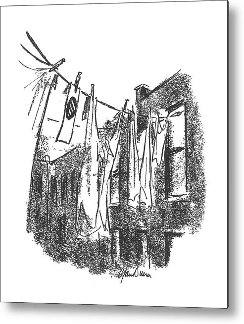 116935 Adu Alan Dunn Clothes Line With An Air Raid Warden's Badge Hanging On It. Clothes Line With An Air Raid Warden's Badge Hanging On It. Clothes Clothing Dry Drying Attack Warn Warning Bomb Bombing Watch Security Guard Home Land Safety War Wartime Metal Print featuring the drawing New Yorker January 16th, 1943 by Alan Dunn