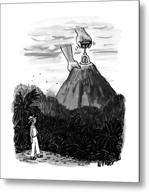 No Caption
An Island Villager Watches Two Giant Hands Emerge From The Heavens And Use A Giant Corkscrew To Unplug/open A Volcano Metal Print featuring the drawing New Yorker July 24th, 1995 by Warren Miller