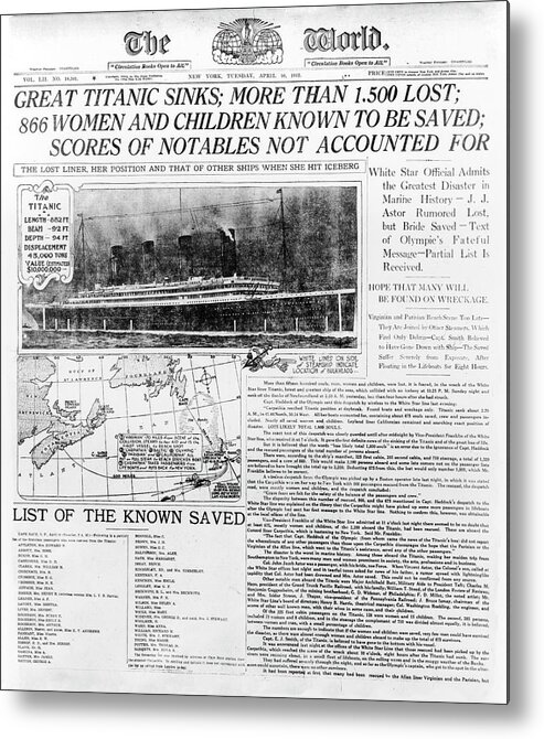 Titanic Metal Print featuring the photograph News Report On Titanic Disaster by Library Of Congress