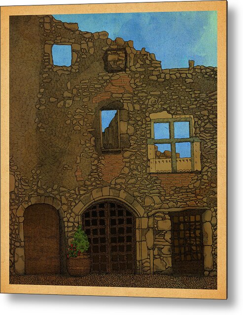 Ruin Alsace Wall Architecture Metal Print featuring the drawing Out There by Meg Shearer