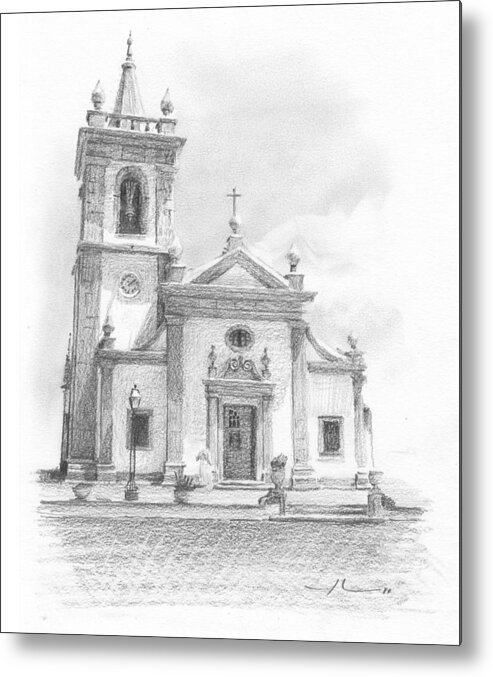 <a Href=http://miketheuer.com Target =_blank>www.miketheuer.com</a> Portugese Church Pencil Portrait Metal Print featuring the drawing Portugese Church Pencil Portrait by Mike Theuer