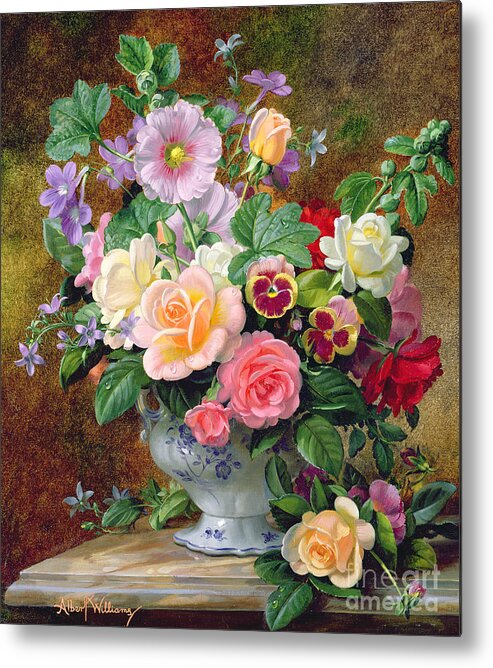Still-life Metal Print featuring the painting Roses pansies and other flowers in a vase by Albert Williams