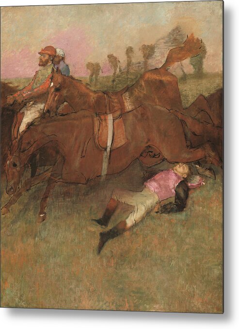 Scene; From; Steeplechase; Fallen; Jockey; Horse; Horses; Horseracing; Horse-racing; Racing; Horses; Jockeys; Races; Horseraces; Jump; Danger; Dangerous; Peril; Accident; Unconscious; Injured; Injury; Movement; Dynamic; Speed; Drama; Dramatic; Sport; Sporting; Loose; Handling; Impasto; Immediacy; Pink; Green; Hue; Hues; Impressionist; Impressionism; Edgar; Degas; Saddle; Saddles; Sport; Sporting; Sports Event; Action; Movement; Moving; Rider; Ride; Depth; Animal; Equestrian; Oil; Oil Paint;  Metal Print featuring the painting Scene from the Steeplechase The Fallen Jockey by Edgar Degas