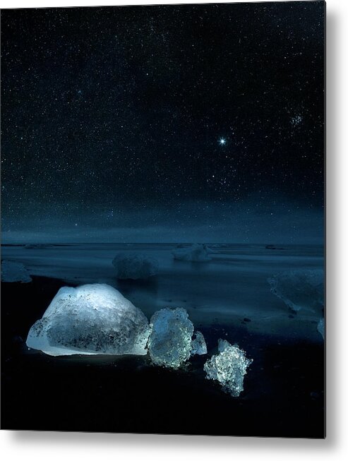 Scenics Metal Print featuring the photograph Starry Night Over Ice On Black Sand by Arctic-images