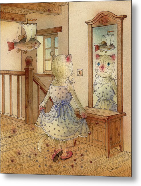 Cat Dream Blue Fish Room Fantasy Mirror Metal Print featuring the painting The Dream Cat 11 by Kestutis Kasparavicius