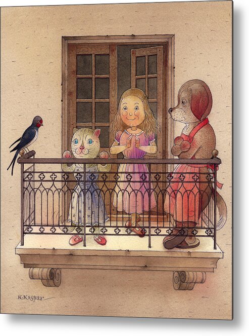 Cat Dog Girl Balkony Bird Evening Fantasy Children Metal Print featuring the painting The Dream Cat 24 by Kestutis Kasparavicius