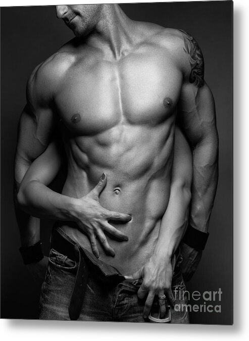 Muscular Metal Print featuring the photograph Woman hands touching muscular man's body by Maxim Images Exquisite Prints