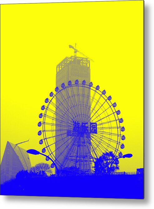 Wonder Metal Print featuring the photograph WonderWheel in Blue and Yellow by Valentino Visentini