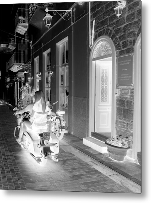 Motorcycle Metal Print featuring the photograph BW Girl Riding Glowing Motorcycle Bike Rider Speed Stone Paved Street in Nafplion Greece Xray by John Shiron