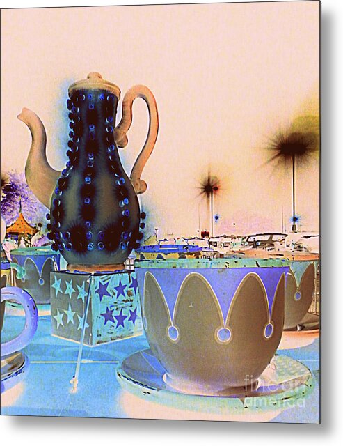 Tea Metal Print featuring the photograph Tea Pot and Cups Ride with inverted colors by Renee Trenholm