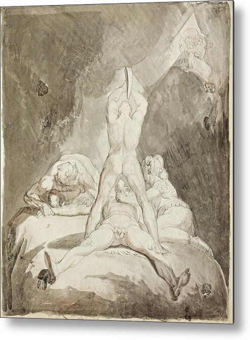 Henry Fuseli Metal Print featuring the drawing Hephaestus Bia and Crato Securing Prometheus on Mount Caucasus #2 by Henry Fuseli