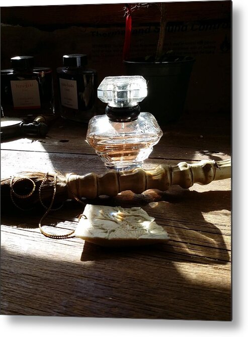 Perfume. Carved Jewelery. Paint Brush. Still Life. Metal Print featuring the photograph A Touch Of Fragrance by Debbi Saccomanno Chan