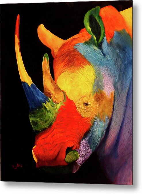 Rhinoceros Metal Print featuring the painting Black White Or Coloured Rhino by Barry BLAKE