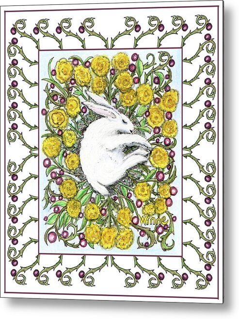 Lise Winne Metal Print featuring the mixed media Bunny Nest of Yellow Roses and Blueberries by Lise Winne