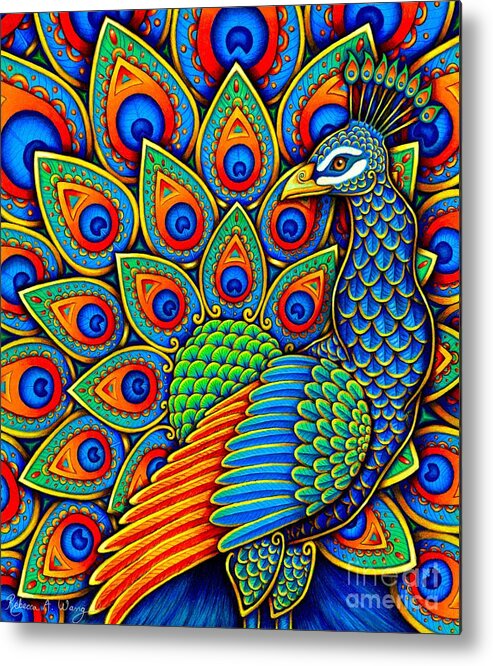 Peacock Metal Print featuring the drawing Colorful Paisley Peacock by Rebecca Wang
