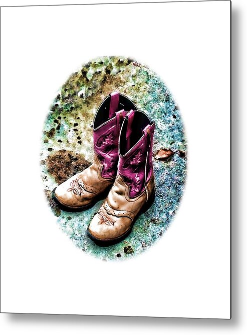 Western Cowgirl Boots Metal Print featuring the photograph Colors of A Cowgirl Oval White by Lesa Fine