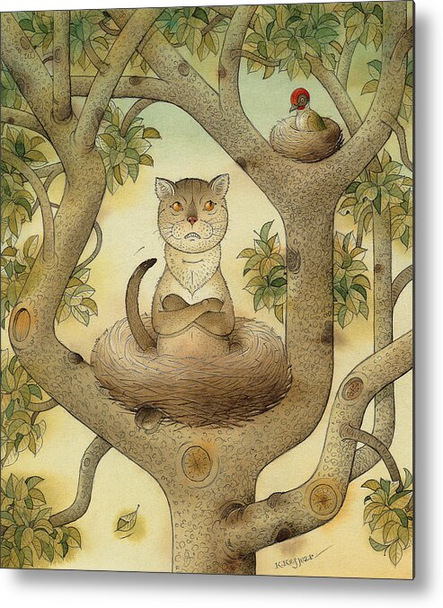 Tree Nest Cat Bird Landscape Sky Metal Print featuring the painting Flying cat by Kestutis Kasparavicius