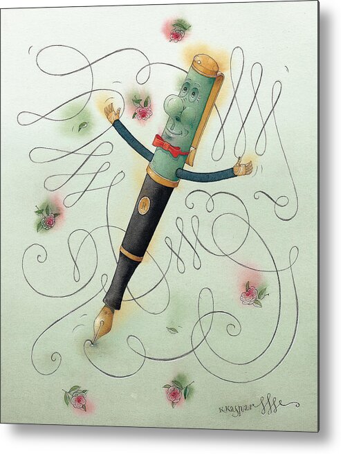 Pen Ice Winter Dance Slide Skate White Calligraphy Metal Print featuring the painting Fountain-Pen by Kestutis Kasparavicius