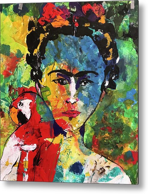 Frida Metal Print featuring the painting Frida and Parrot Uno by Elaine Elliott