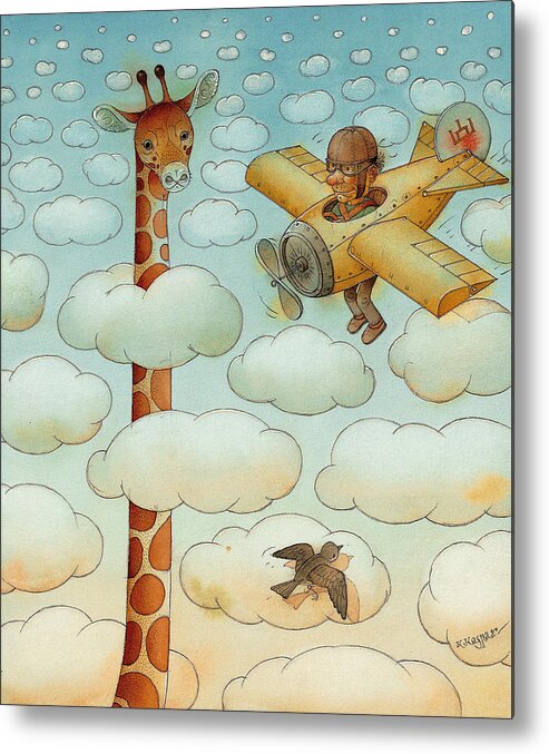 Airplane Sky Flying Giraffe Cloud Pilot Patriotizm Metal Print featuring the painting Giraffe by Kestutis Kasparavicius