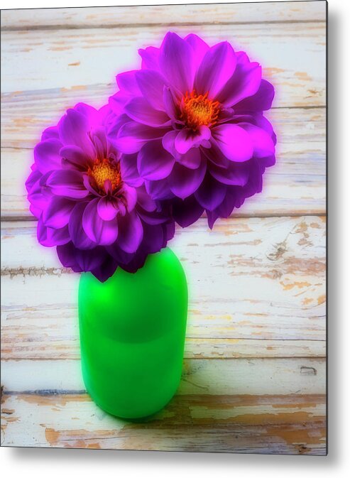 Color Metal Print featuring the photograph Green Vase And Dahlias by Garry Gay