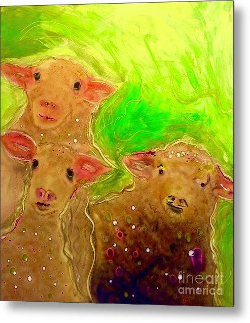 Sheep Whimsical Children Illustrations Wool Spinners Weavers Lambs Metal Print featuring the painting Hay What dew Ewe Know by FeatherStone Studio Julie A Miller