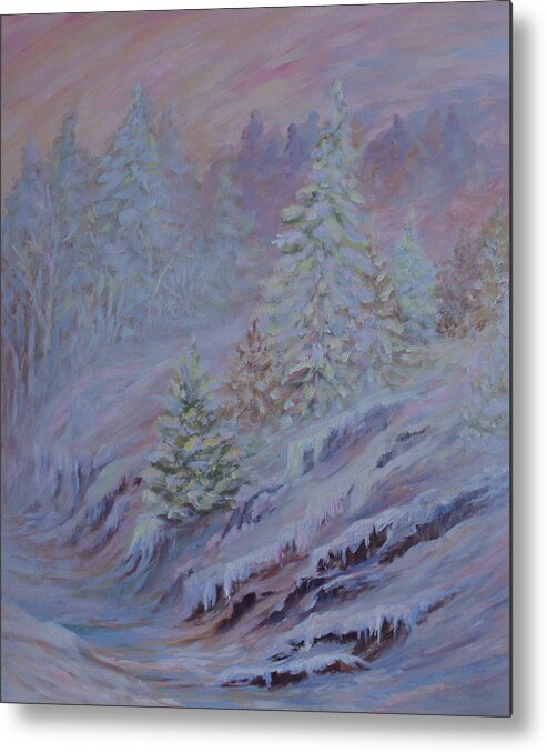 Ice Fog In Northern Landscape Metal Print featuring the painting Ice Fog in the Forest by Jo Smoley