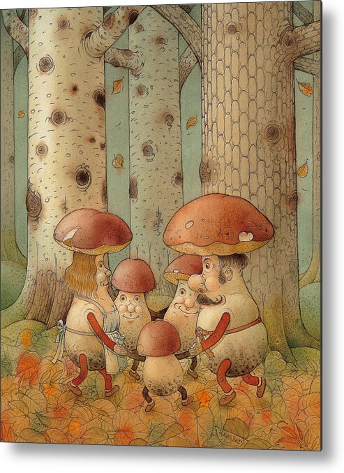 Mushrooms Landscape Forest Autumn Metal Print featuring the painting Mushrooms by Kestutis Kasparavicius