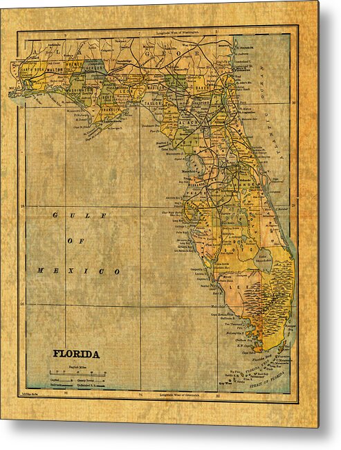 Old Metal Print featuring the mixed media Old Map of Florida Vintage Circa 1893 on Worn Distressed Parchment by Design Turnpike
