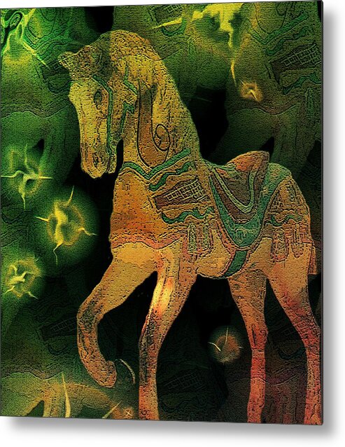 Carousel Horse Pastures New Dreamsequence Freedom Stars Green Brown Metal Print featuring the mixed media Pastures New by Susan Epps Oliver