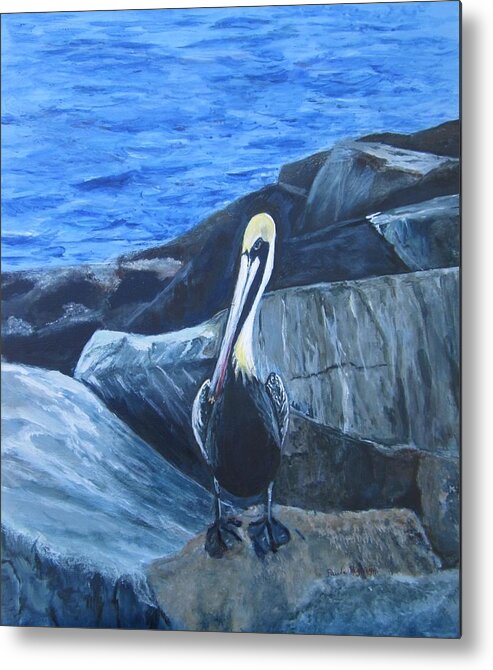 Pelican Metal Print featuring the painting Pelican On The Rocks by Paula Pagliughi
