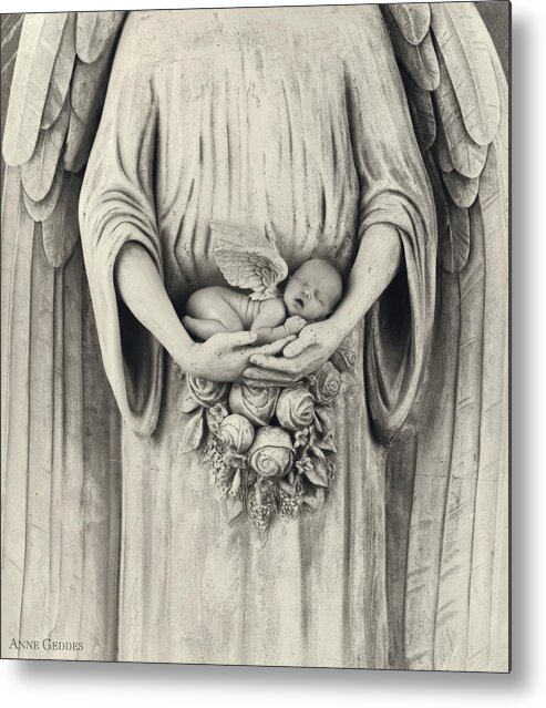 Black And White Metal Print featuring the photograph Jonti and the Stone Angel by Anne Geddes