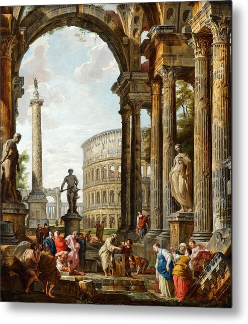Giovanni Paolo Panini Metal Print featuring the painting The Philosopher Diogenes Throwing Down His Bowl by Giovanni Paolo Panini