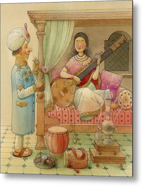 King Queen Palace Love Happiness Fortune Evening Music Sitar Bedroom India Metal Print featuring the painting The White Elephant 08 by Kestutis Kasparavicius