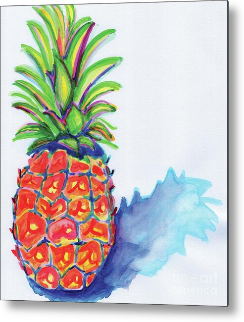 Pineapple Tropical Colorful Beachy Green Red Food Blue Yellow Orange Home Décor Kitchen Art Watercolor Fun Abstract Expressionism Metal Print featuring the painting Tropical Pineapple by Anne Seay