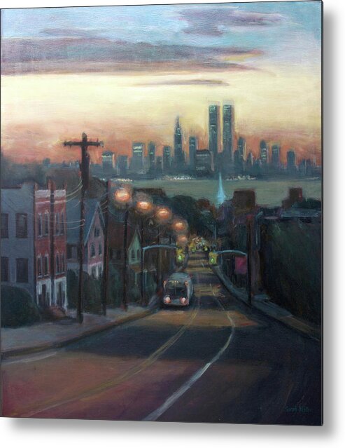 Manhattan Skyline Metal Print featuring the painting Victory Boulevard at Dawn by Sarah Yuster