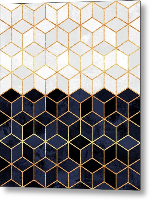 Graphic Metal Print featuring the digital art White and navy cubes by Elisabeth Fredriksson
