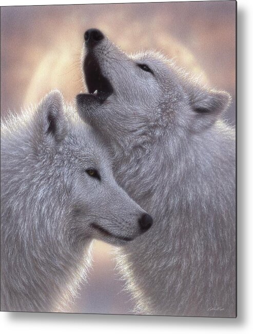 Wolf Art Metal Print featuring the painting Wolves Howling Moon - Love Song by Collin Bogle