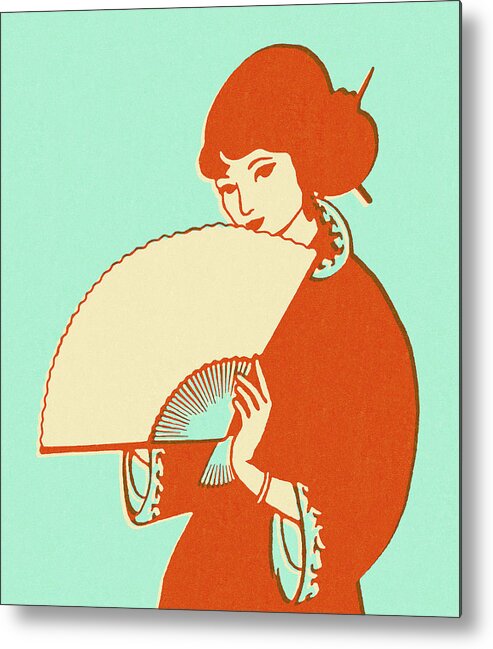 Apparel Metal Poster featuring the drawing Asian Woman Holding Fan #1 by CSA Images