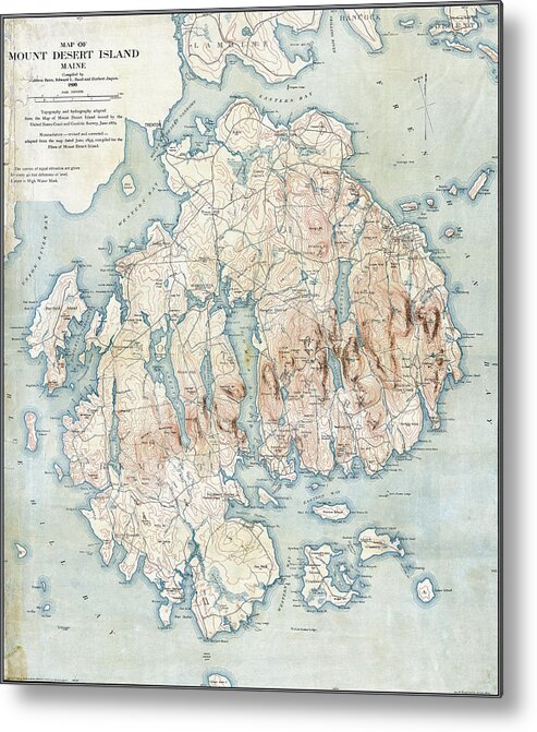 Antique Metal Print featuring the photograph Antique color map of Mount Desert Island, Maine by Phil Cardamone