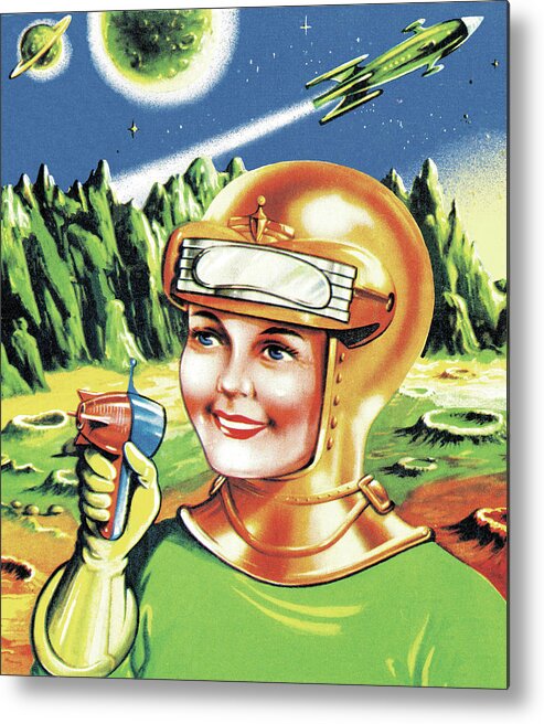 Adventure Metal Poster featuring the drawing Astronaut with Ray Gun on Planet by CSA Images