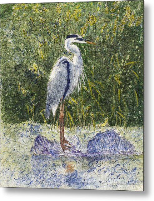 Blue Heron Metal Print featuring the painting Blue Heron Watercolor Batik by Conni Schaftenaar
