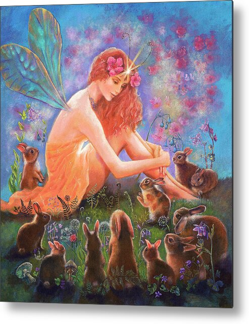 Fairy And The Velveteen Rabbit Metal Print featuring the painting Fairy And The Velveteen Rabbit by Judy Mastrangelo