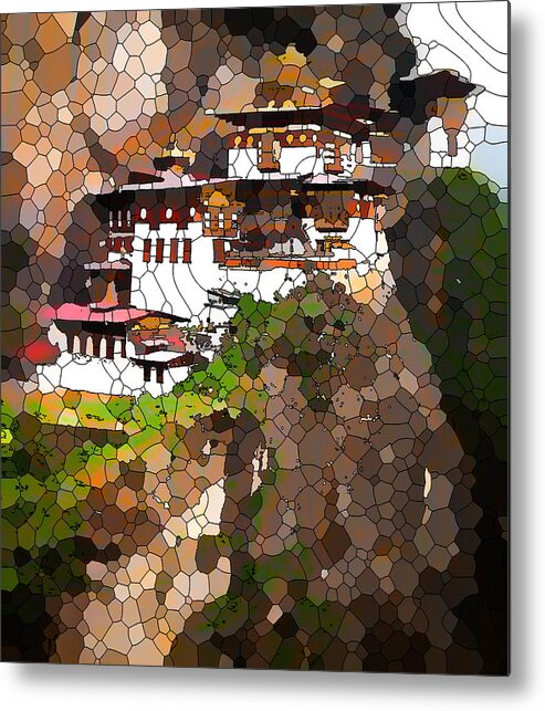 Famous Tigers Nest Monastery Of Bhutan Metal Print featuring the painting Famous tigers nest monastery of Bhutan 11 by Jeelan Clark